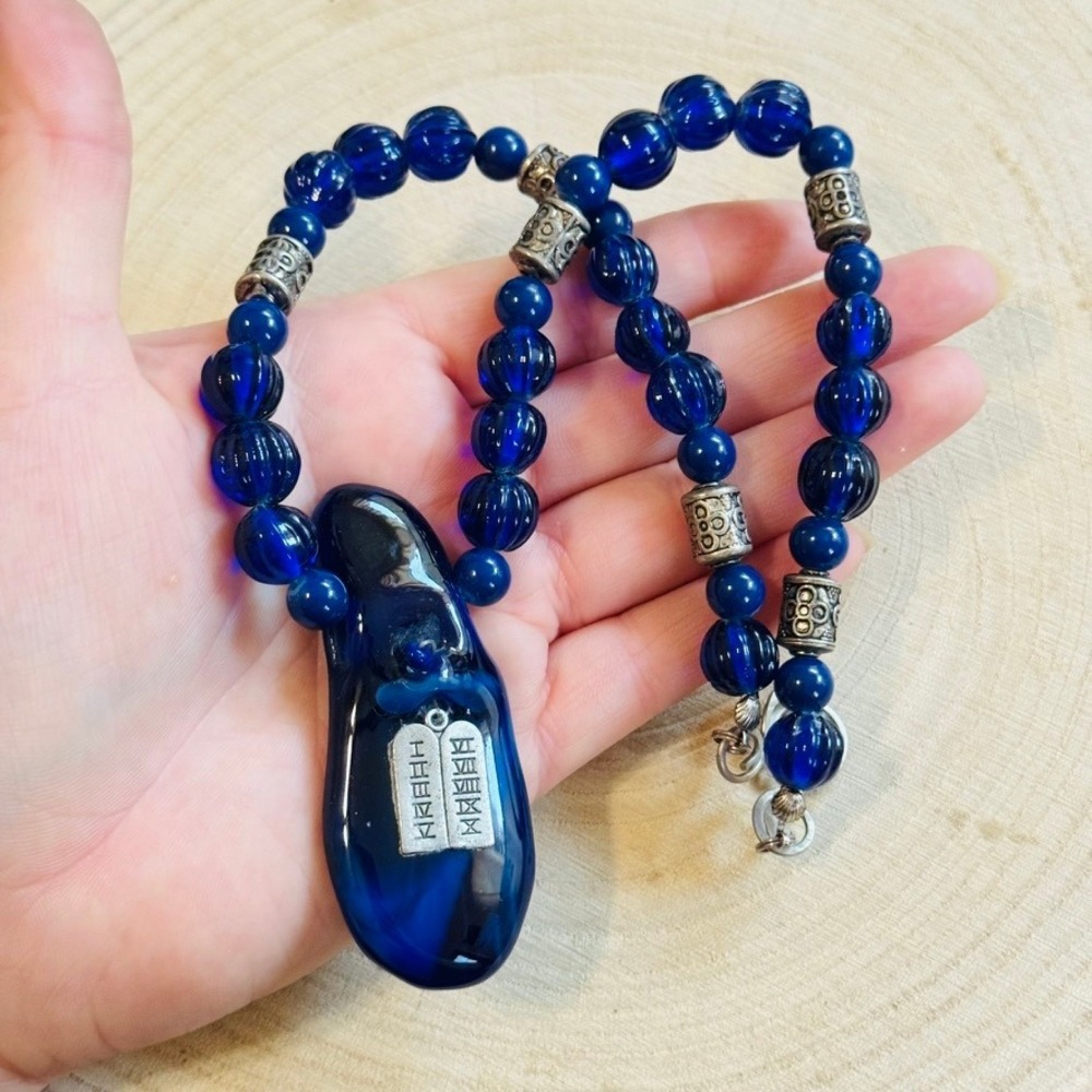 VTG cobalt blue art glass necklace poured Beads silver tone Ten Commandments 18"